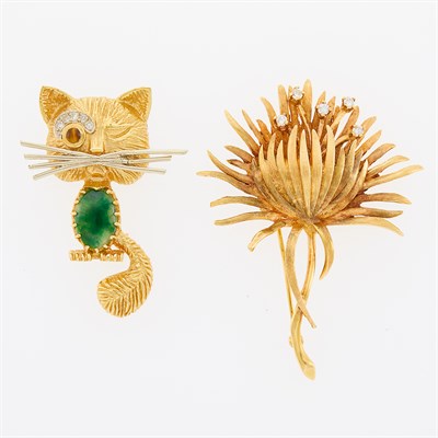 Lot 184 - Gold and Diamond Flower Brooch and Cat Pin