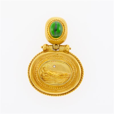Lot 169 - Gold, Cabochon Tourmaline and Diamond Pendant