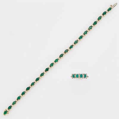 Lot 231 - Gold, Emerald and Diamond Bracelet and White Gold, Diamond and Synthetic Emerald Ring
