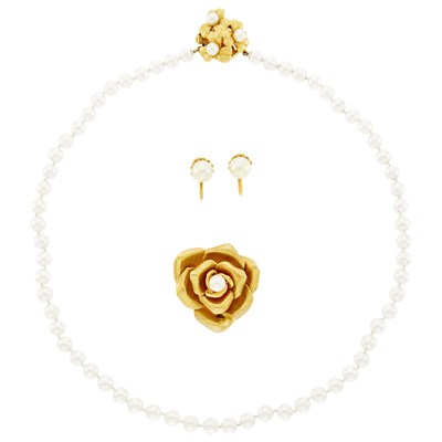 Lot 244 - Cultured Pearl Necklace with Gold Clasp, Pair of Gold and Cultured Pearl Earclips and Flower Brooch