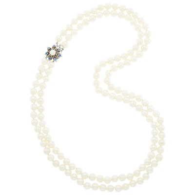 Lot 1165 - Double Strand Cultured Pearl Necklace with White Gold, Cultured Pearl and Sapphire Flower Clasp