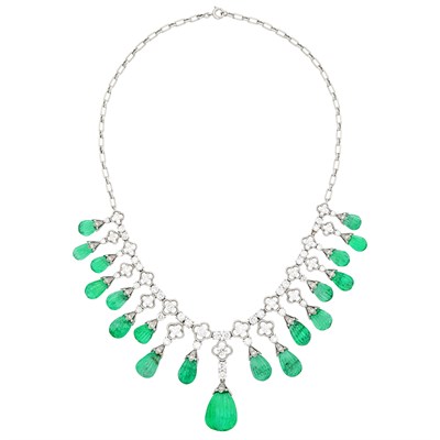 Lot 257 - Tiffany & Co. Platinum, Carved Emerald and Diamond Fringe Necklace