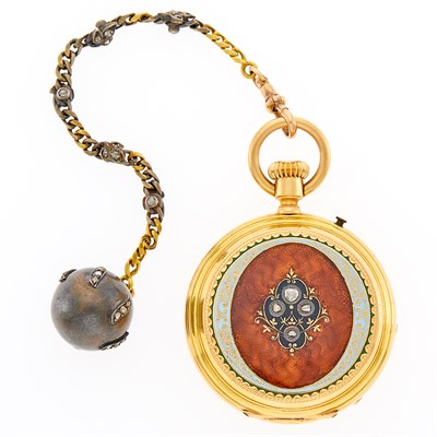 Lot 1139 - Antique Gold, Enamel and Diamond Hunting Case Watch with Silver and Diamond Fob Chain
