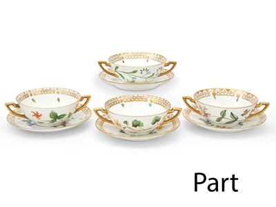 Lot 281 - Set of Royal Copenhagen Flora Danica Style Floral Decorated Porcelain Cream Soup Bowls and Saucers