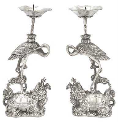 Lot 205 - Pair of Chinese Silver Plated Candlesticks...