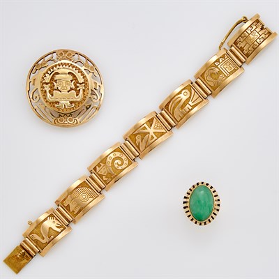 Lot 223 - Two-Color Gold Peruvian Brooch, Bracelet and Jade Ring