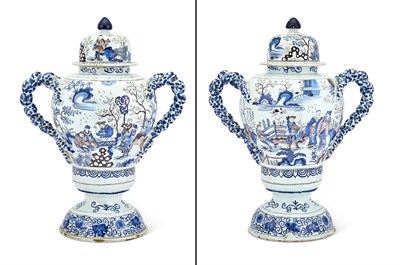 Lot 316 - Pair of Large Delft Covered Two-Handled Vases...