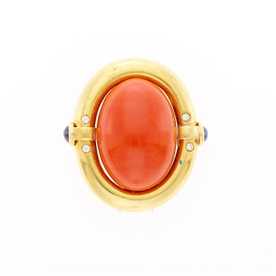 Lot 1041 - Gold, Coral, Diamond and Cabochon Sapphire Clip-Brooch