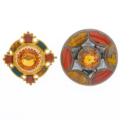 Lot 1143 - Two Antique Gold, Silver, Citrine, Scottish Agate and Hardstone Brooches
