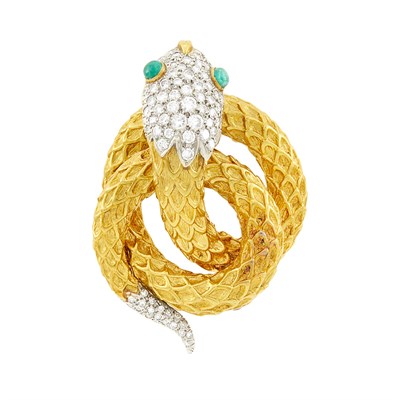 Lot 59 - Two-Color Gold, Diamond and Cabochon Emerald Serpent Brooch