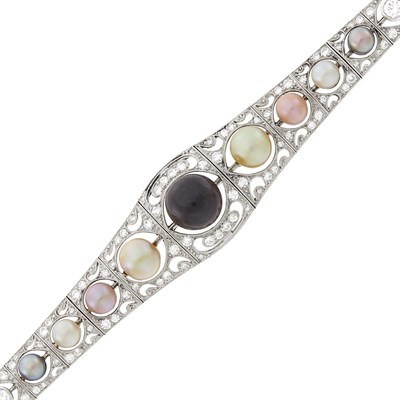 Lot 129 - Platinum, Multicolored Natural Button Pearl and Diamond Bracelet