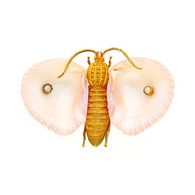 Lot 1059 - Antique Gold, Shell and Split Pearl Moth Brooch