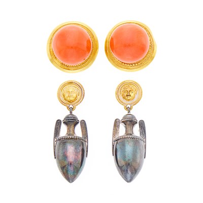 Lot 1137 - Pair of Silver and Gold Urn Pendant-Earrings and Gold and Coral Earrings