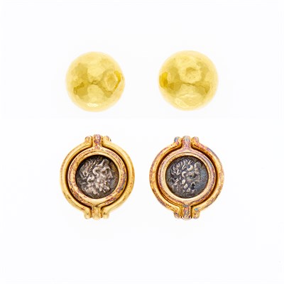 Lot 1232 - Pair of Gold and Silver Coin Earclips and Hammered High Karat Gold and Gold Dome Earclips