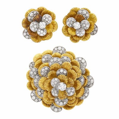 Lot 213 - Kutchinsky Gold, Platinum and Diamond Flower Pendant Clip-Brooch and Pair of Earrings