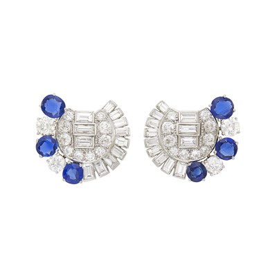 Lot 136 - Pair of Platinum, Sapphire and Diamond Earclips