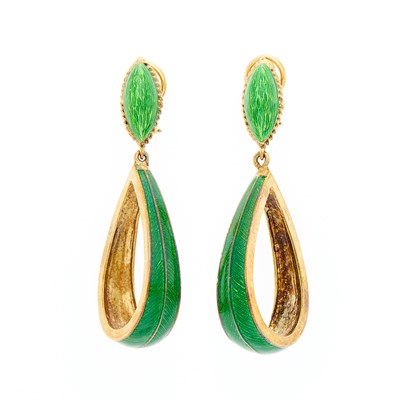Lot 1006 - Pair of Gold and Green Enamel Hoop Pendant-Earclips