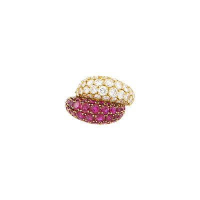 Lot 228 - Van Cleef & Arpels Gold, Ruby and Diamond Crossover 'Double Boule' Ring, France