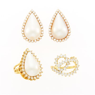 Lot 55 - Jose Hess Gold and Diamond Ring, Pair of Gold, Mabé Pearl and Diamond Earrings and Ring