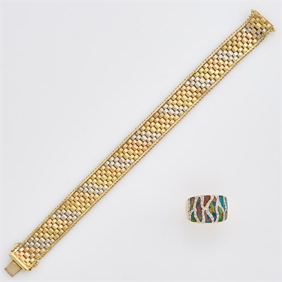 Lot 243 - Tricolor Gold Bracelet and Gold, Synthetic Opal and Diamond Ring