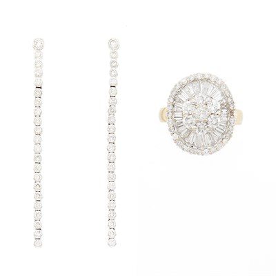 Lot 58 - Pair of White Gold and Diamond Pendant Earrings and Ballerina Ring