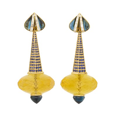 Lot 196 - Marina B Pair of Gold, Citrine Bead, Cabochon Indicolite Tourmaline, Sapphire and Diamond Pendant-Earclips