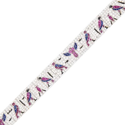 Lot 70 - White Gold, Diamond, Cabochon Ruby, Sapphire and Black Onyx Bracelet