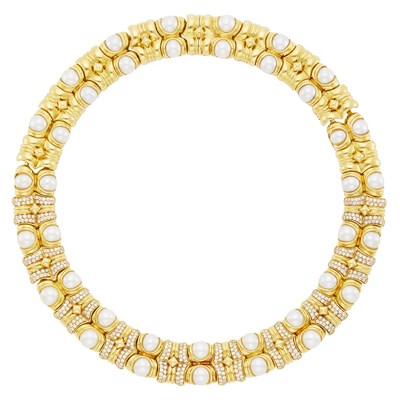 Lot 149 - Gold, Cultured Pearl and Diamond Necklace