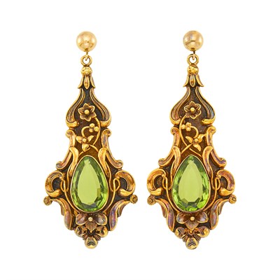 Lot 159 - Pair of Antique Gold and Peridot Pendant-Earrings