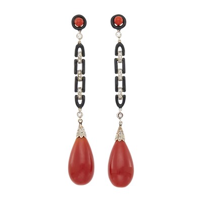 Lot 250 - Fougeray Pair of Platinum, Oxblood Coral, Diamond and Black Enamel Pendant-Earrings