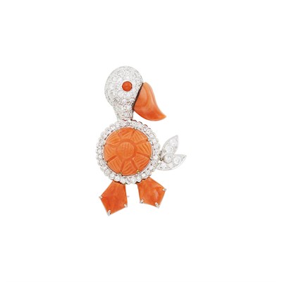 Lot 63 - White Gold, Carved Coral and Diamond Duck Pin