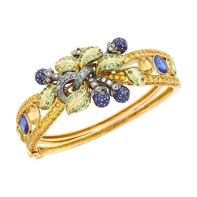 Lot 94 - Two-Color Gold, Gem-Set, Diamond and Colored Diamond Bangle Bracelet