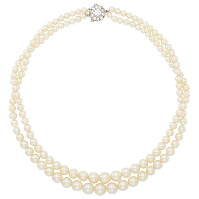 Lot 126 - Double Strand Natural Pearl Necklace with Platinum and Diamond Clasp