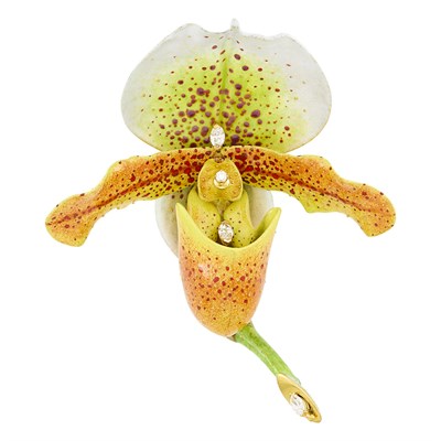 Lot 165 - David Freda for Tiffany & Co. Gold, Colorful Enamel and Diamond 'Tiffany Orchid No. 23' Slipper Orchid Brooch