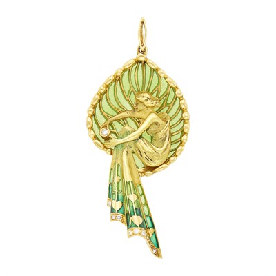 Lot 91 - Gold, Plique-à-Jour Enamel and Diamond Figural Pendant