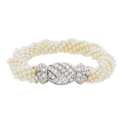 Lot 56 - Multistrand Cultured Pearl, Platinum and Diamond Torsade Bracelet