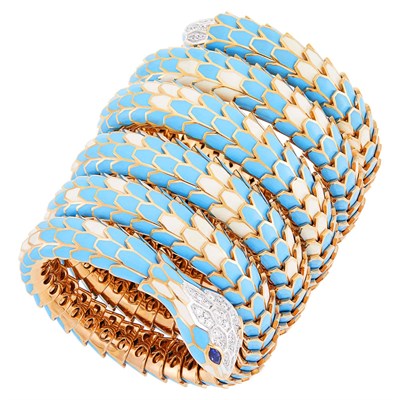 Lot 92 - Rose Gold-Plated Silver, White Gold, Turquoise and White Enamel and Diamond Coiled Snake Bracelet