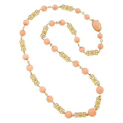 Lot 8 - Long Gold and Angel Skin Coral Bead Necklace