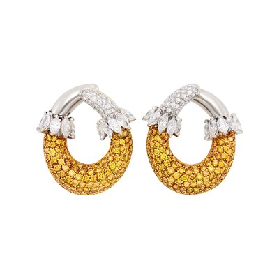Lot 113 - Pair of Two-Color Gold, Diamond and Colored Diamond Hoop Earrings