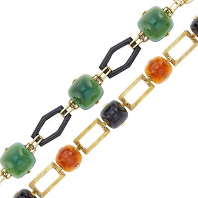 Lot 20 - Two Gold, Carnelian, Black and Green Onyx Bracelets