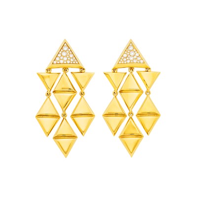 Lot 99 - Marina B Pair of Gold and Diamond 'Triangoli' Pendant-Earrings