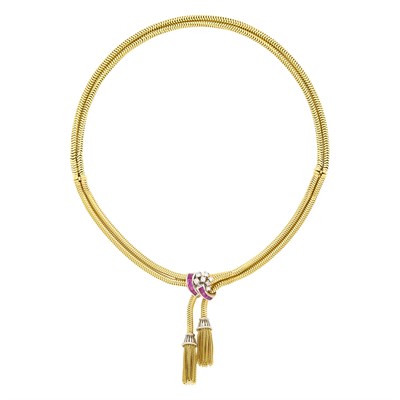 Lot 47 - Double Strand Gold Snake Chain, Platinum, Ruby and Diamond Tassel Necklace/Bracelet Combination
