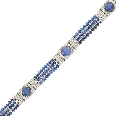 Lot 238 - Marcus & Co. Triple Strand Platinum, Star Sapphire, Sapphire Bead and Diamond Bracelet