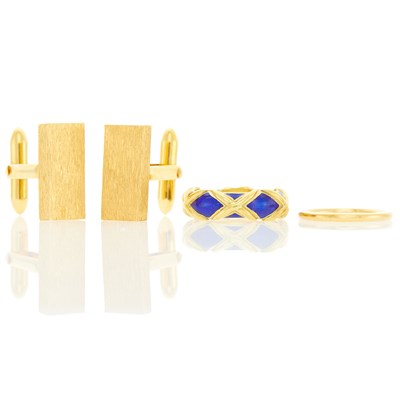 Lot 1270 - Pair of Gold Cufflinks and Tiffany & Co. Gold and Blue Enamel Band Ring and Band Ring