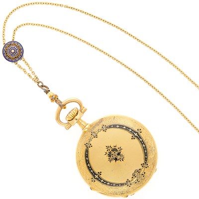 Lot 1187 - Gold and Black Enamel Hunting Case Pocket Watch with Long Gold and Blue Enamel Chain Necklace