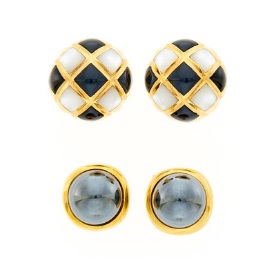 Lot 1098 - Tiffany & Co. Pair of Gold and Hematite Earclips and Kabana Pair of Gold, Mother-of-Pearl and Black Onyx Earclips