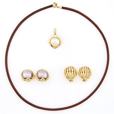 Lot 1157 - Pair of Gold Earclips and Mabé Pearl Earclips and Enhancer and Cord Necklace