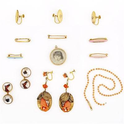 Lot 1199 - Group of Antique Gold, Gold-Filled, Diamond, Reverse Rock Crystal Intaglio, Coral, Enamel and Diamond Jewelry