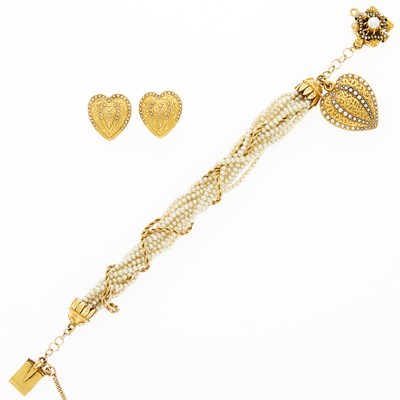 Lot 1219 - Pair of Antique Gold and Split Pearl Heart Earclips and Multistrand Seed Pearl Bracelet with Gold and Split Pearl Locket Charm