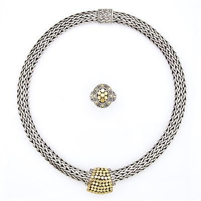 Lot 1295 - John Hardy Silver Necklace with Silver and Gold Enhancer and Ring